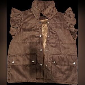 BiBi Chocolate Brown RUFFLE SLEEVE FLAP POCKETS CORDUROY PUFFER